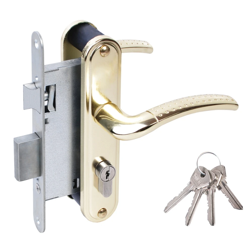 Фото Замок врезной цилиндровый с защёлкой в комплекте с ручкой ЗВ4-55.27 (золото-лак), 4 кл.