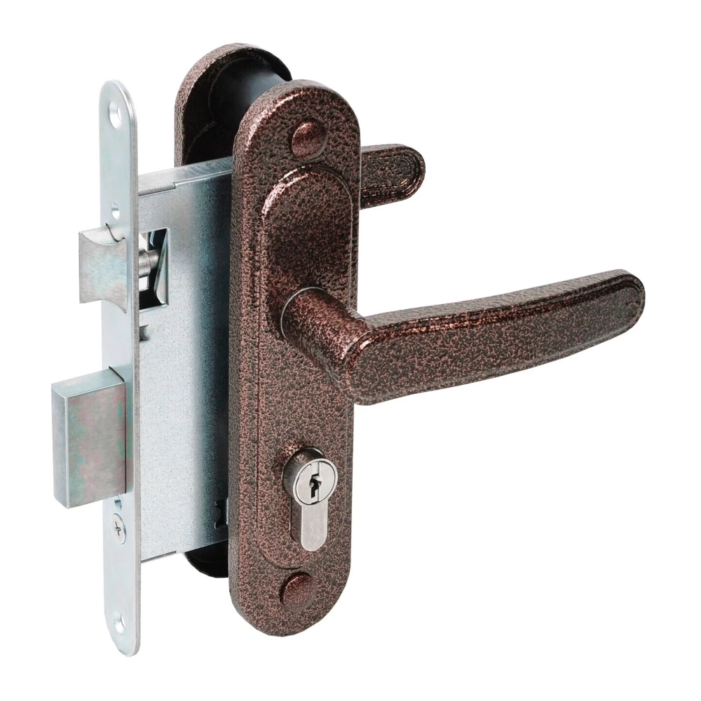 Фото Замок врезной цилиндровый с защёлкой в комплекте с ручкой ЗВ4-3/03 (медь антик), 4 кл.